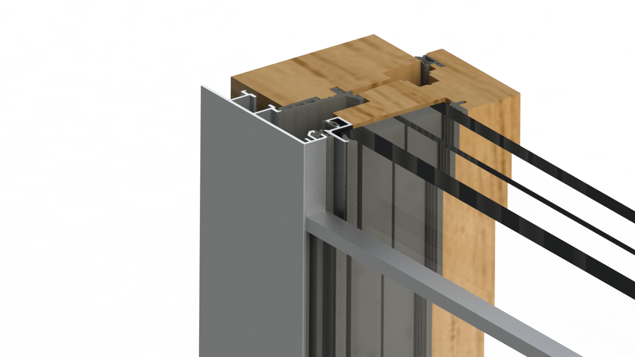 Querschnitt des Integralfensters mit Absturzsicherung aus Glas von oben mit Holz- und Aluminiumrahmen inklusive Glas