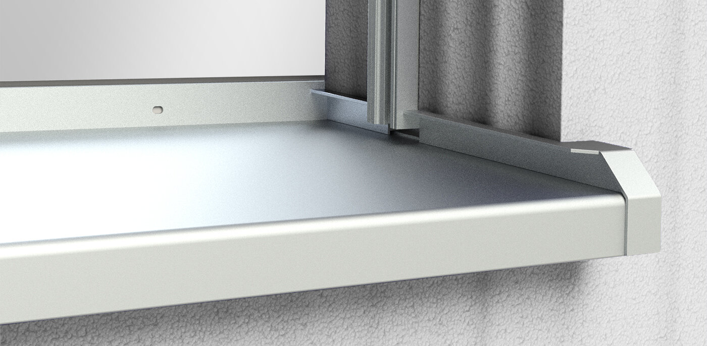 Fensterbank-Bordprofil für WDVS mit integrierter Rollladenführungsschiene rechts