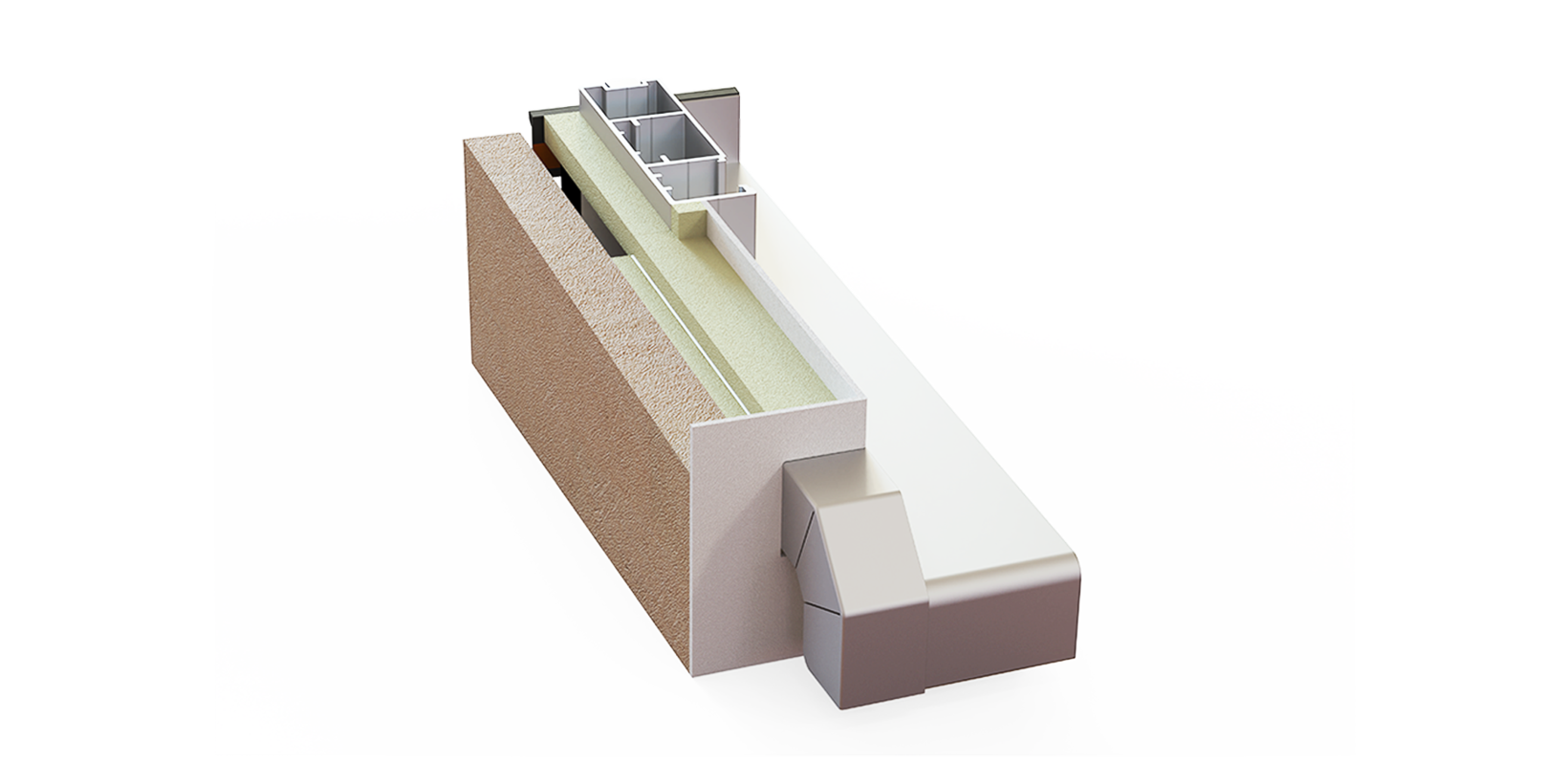 Schema des Fensterbank-Bordprofils für WDVS mit integrierter Rollladenführungsschiene von außen