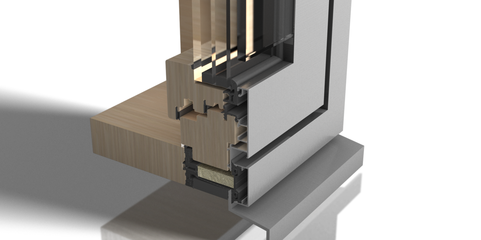 Zwischenraum der Holz-Aluminium-Glas-Konstruktion des BUG FrontProtect am unterem Ende des Fensters mit integrierter Fensterbank