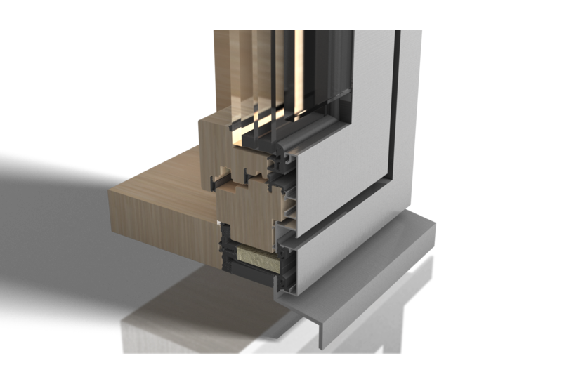 Zwischenraum der Holz-Aluminium-Glas-Konstruktion des BUG FrontProtect am unterem Ende des Fensters mit integrierter Fensterbank