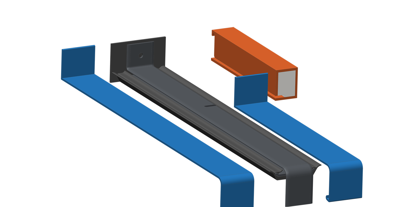 Darstellung der Einzelteile der Pfeileraussparung P 500 bestehend aus Fensterbank, Stoßverbinder und Füllstück