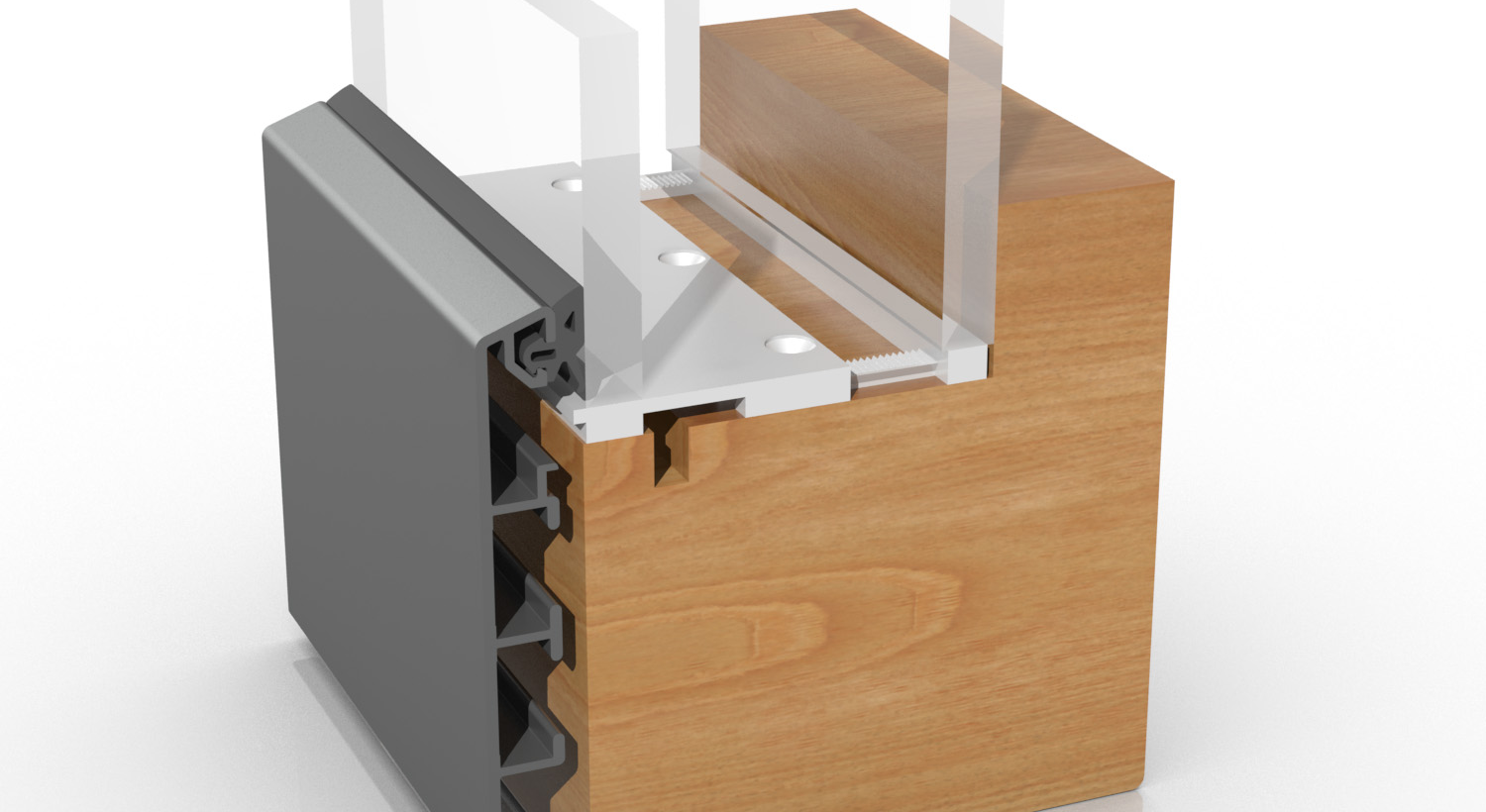 Ausschnitt eines Holzrahmens mit Aluminiumprofil verkleidet, zwei Scheiben und einem Glasauflager in weiß