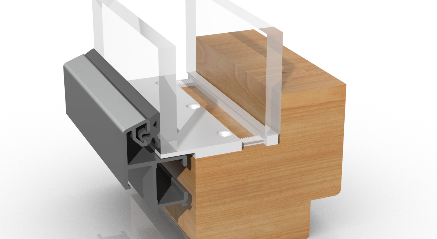 Ausschnitt eines Holzrahmens verkleidet mit versetztem Aluminiumprofil dazu zwei Scheiben und einem Glasauflager