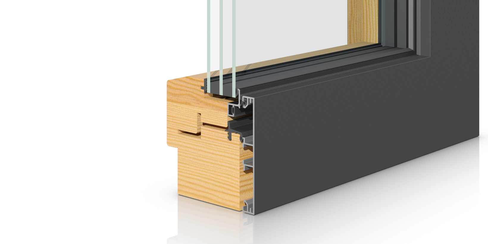 Querschnitt des Integralfensters von oben mit Holz- und Aluminiumrahmen inklusive Glas