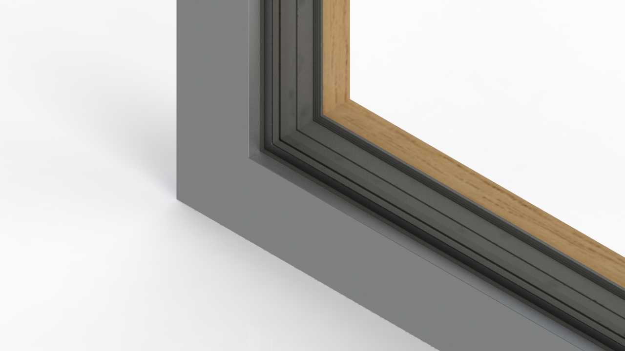 Grauer Aluminiumrahmen von außen auf einem Holzrahmen