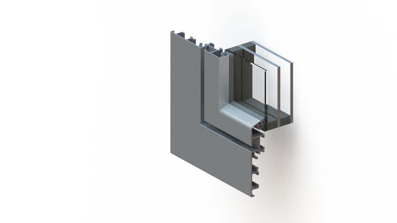 Ausschnitt des Einbaubeispiel für das Systemelement BUG Triangel im flächenbündigen Aluminium-Flügelfenster 
