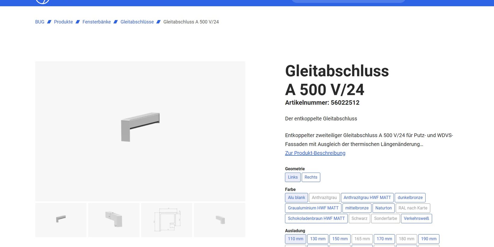 Product detail page with filter functions on the new BUG web