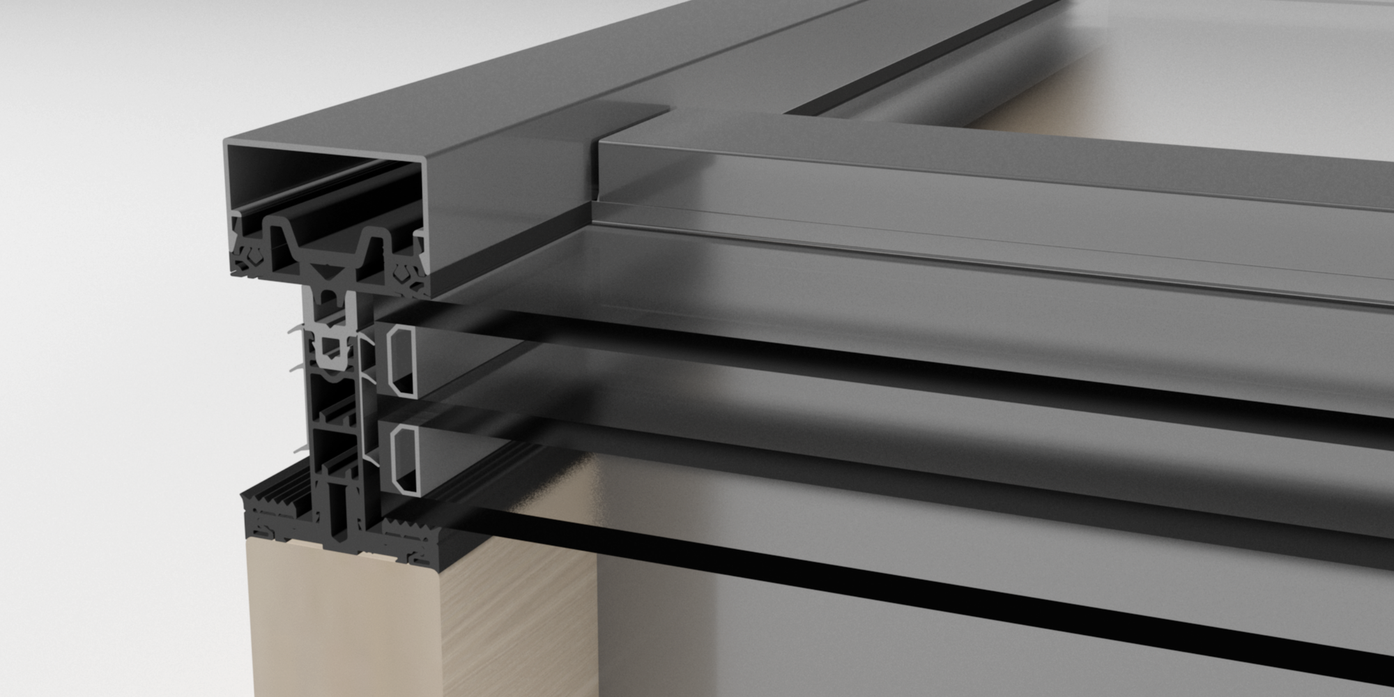 Combination of aluminium and wood in a mullion-transom facade