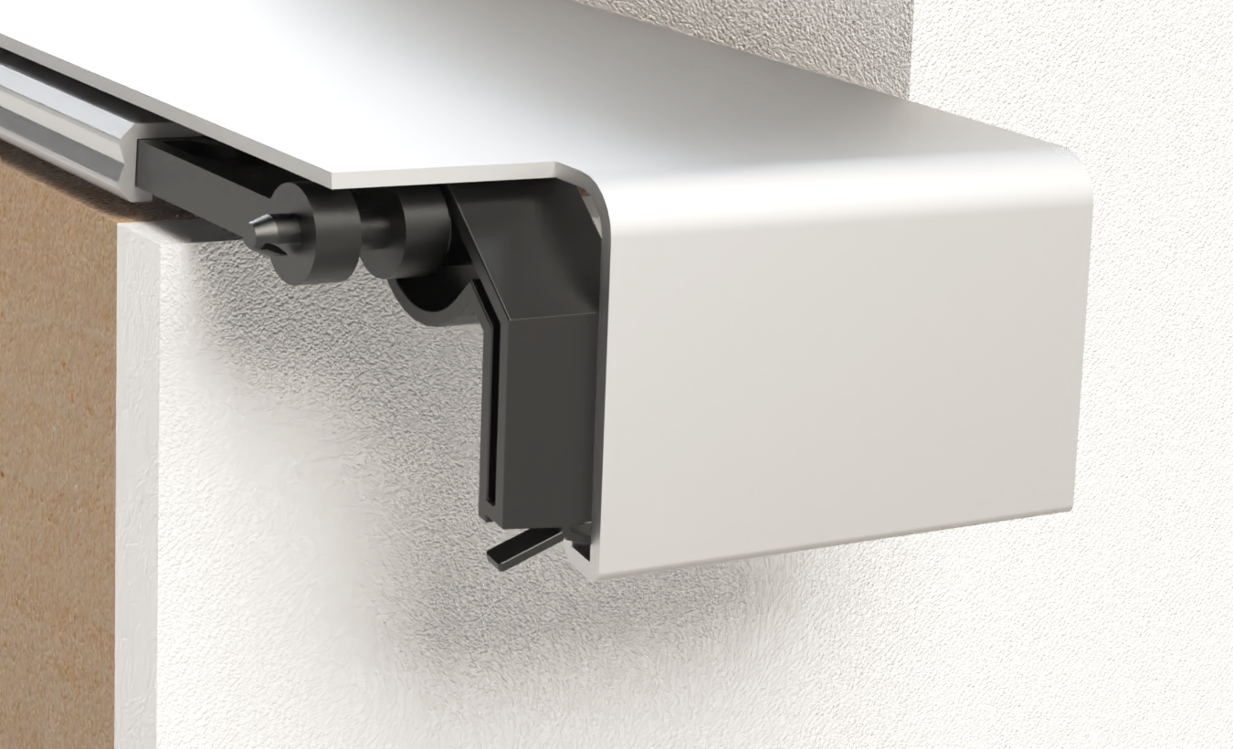 Detailansicht des Fensterbankhalters HS 500 mit montierter Fensterbank ab einer Ausladung von 150 mm