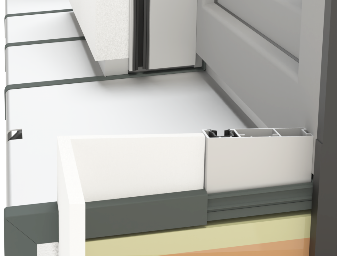 Umlaufende Fensterbank mit der Pfeileraussparung P 500 inklusive Rollladenführungsschiene