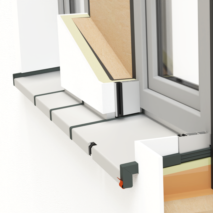 Umlaufende Fensterbank mit Bordprofilen und der Pfeileraussparung P 500 inklusive Rollladenführungsschiene
