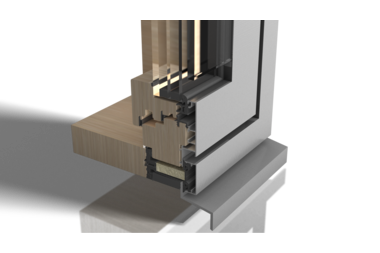 Zwischenraum der Holz-Aluminium-Glas-Konstruktion des BUG FrontProtect am unterem Ende des Fensters mit integrierter Fensterbank