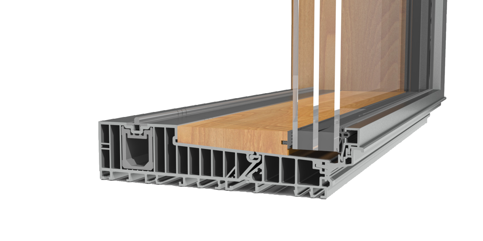 Ebenerdige Holz-Alu-Hebeschiebetüren mit Außenverglasung im SkyPlus System von unten