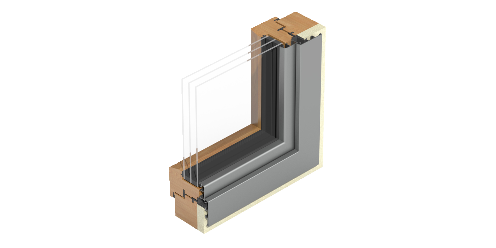 Querschnitt Energiesparfenster mit Dämmschicht am Fensterrahmen zwischen Holz und Alu