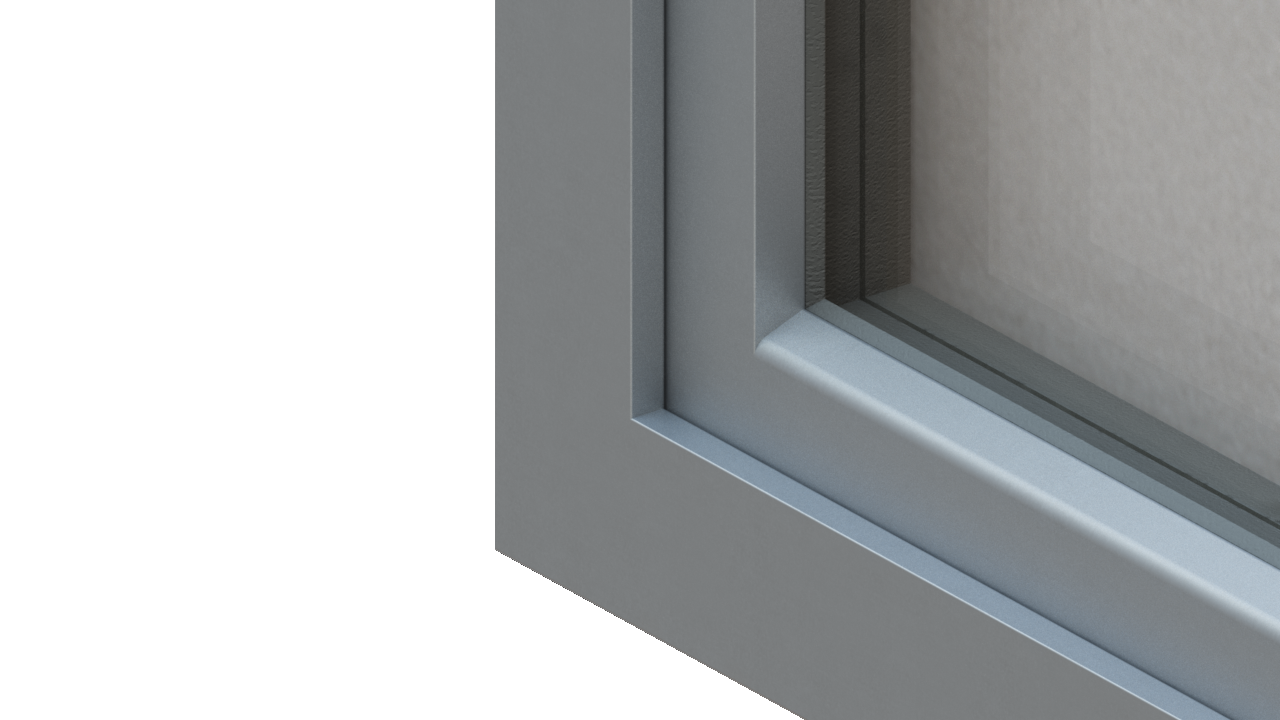 Ecke eines flächenversetzten Fensters mit eingesetztem Triangel-Element von außen.