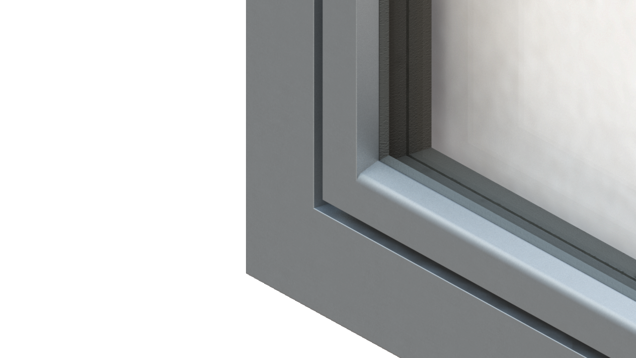 Ecke eines flächenbündigen Fensters mit eingesetztem Triangel-Element von außen.