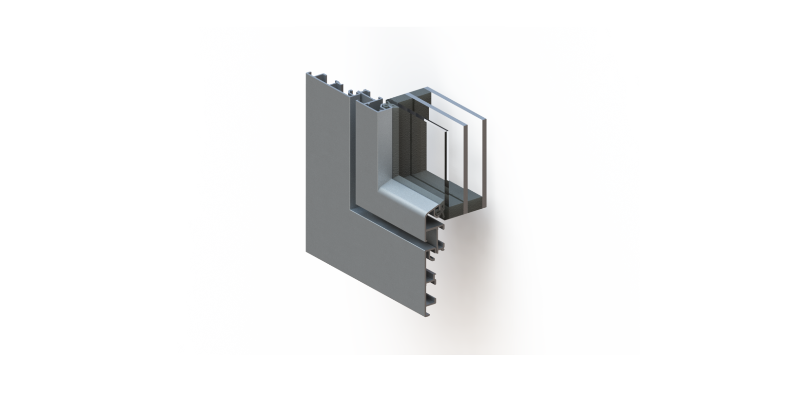 Querschnitt von der Ecke eines flächenbündigen Fensters mit eingesetztem Triangel-Element.