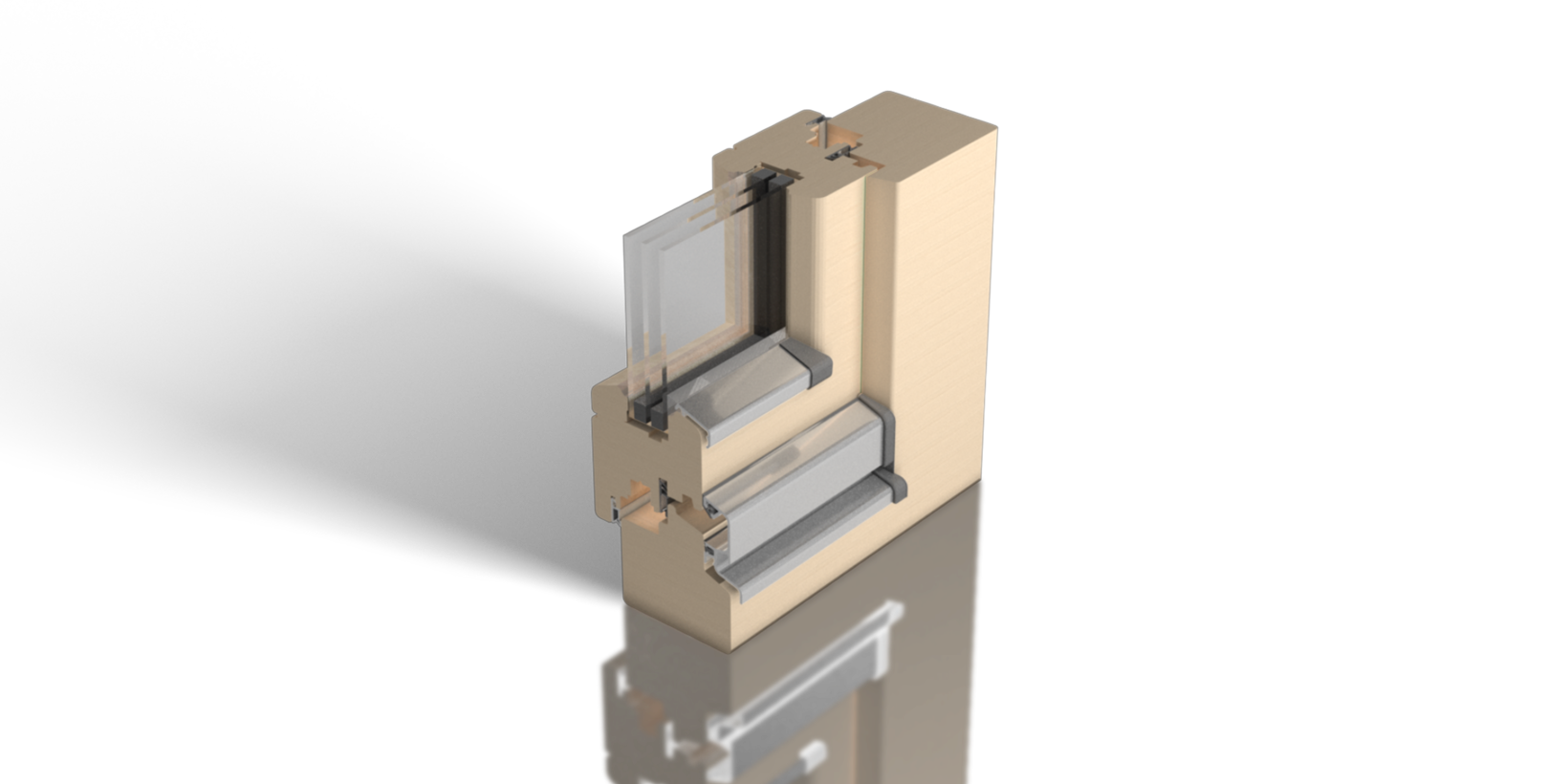 Falzunabhängige Regenschutzschiene AP 16.24 mit dem Flügelabdeckprofil FA 21 an einem Holzfenster